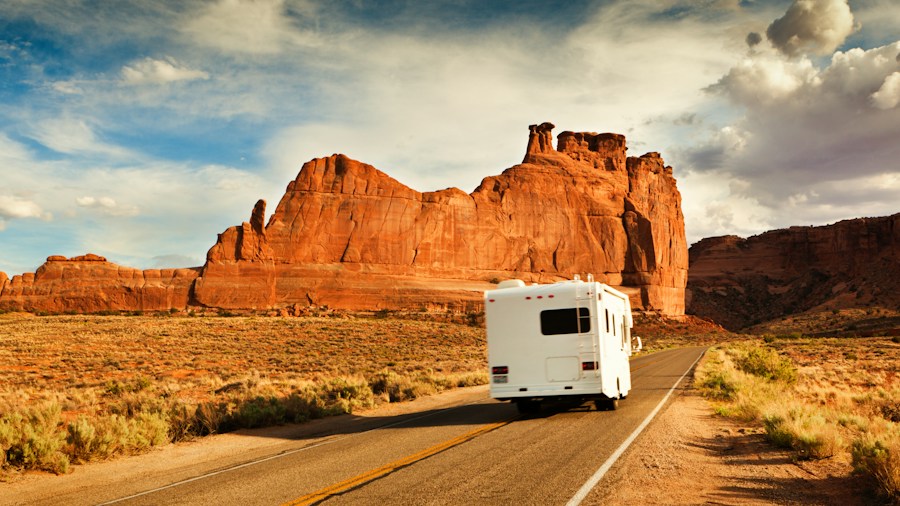rv travel road trip sunset